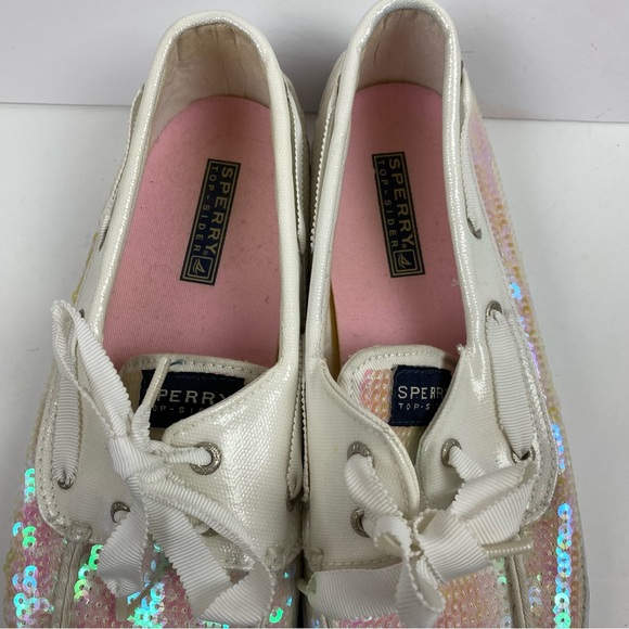 Sperry Topsider White Pink Iridescent Sequin Loafers Boat Shoes Women 10 - Picture 4 of 10